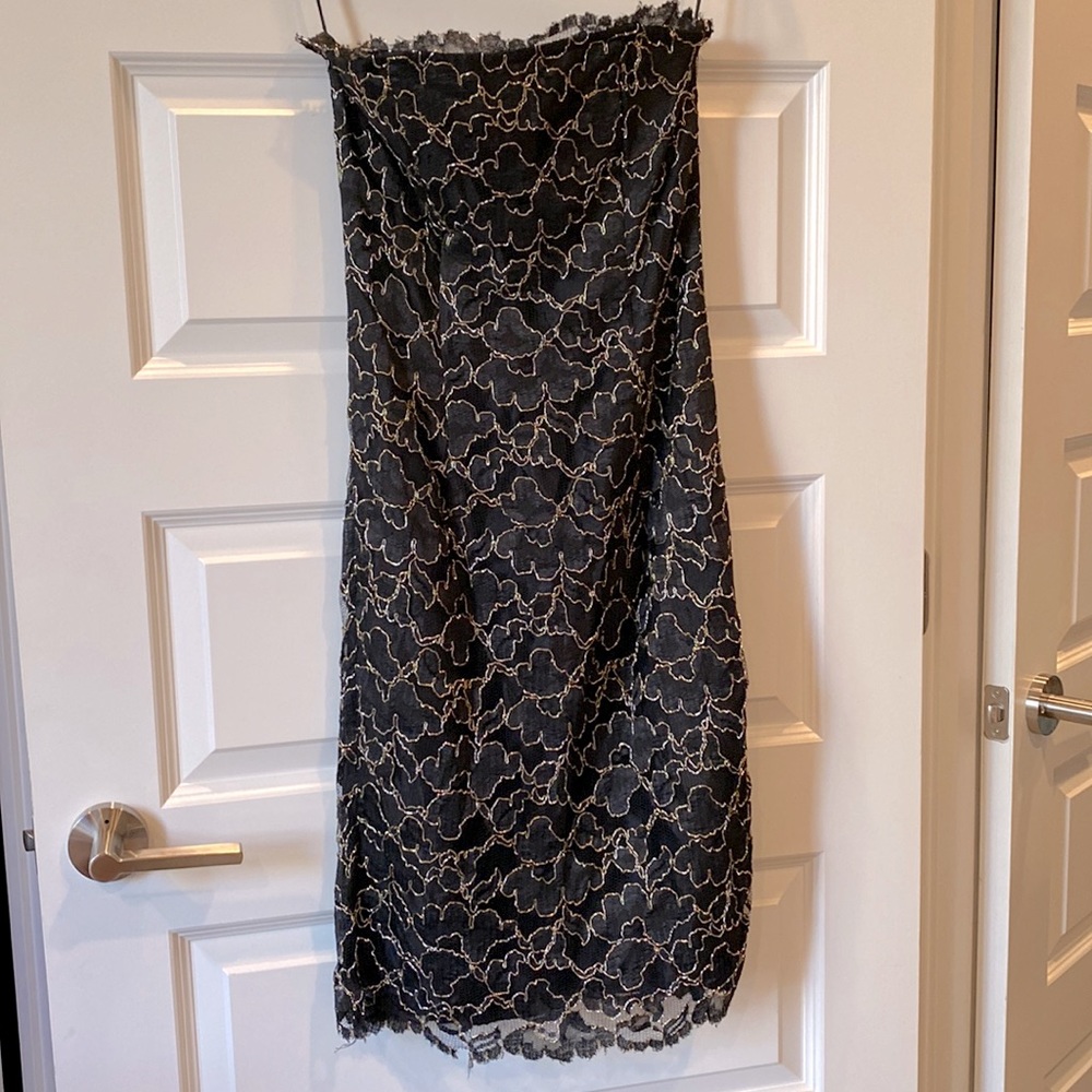 Vintage ‘80s Black & Gold Lace Strapless Dress by Evenings By Pantagis